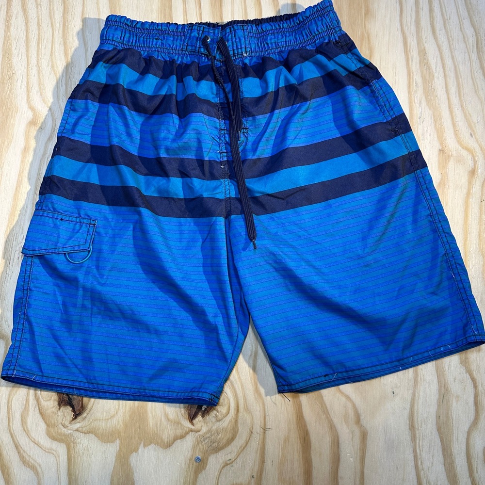 No Fear Mens Blue Striped Board Shorts Large Cargo Pocket Swim Trunks